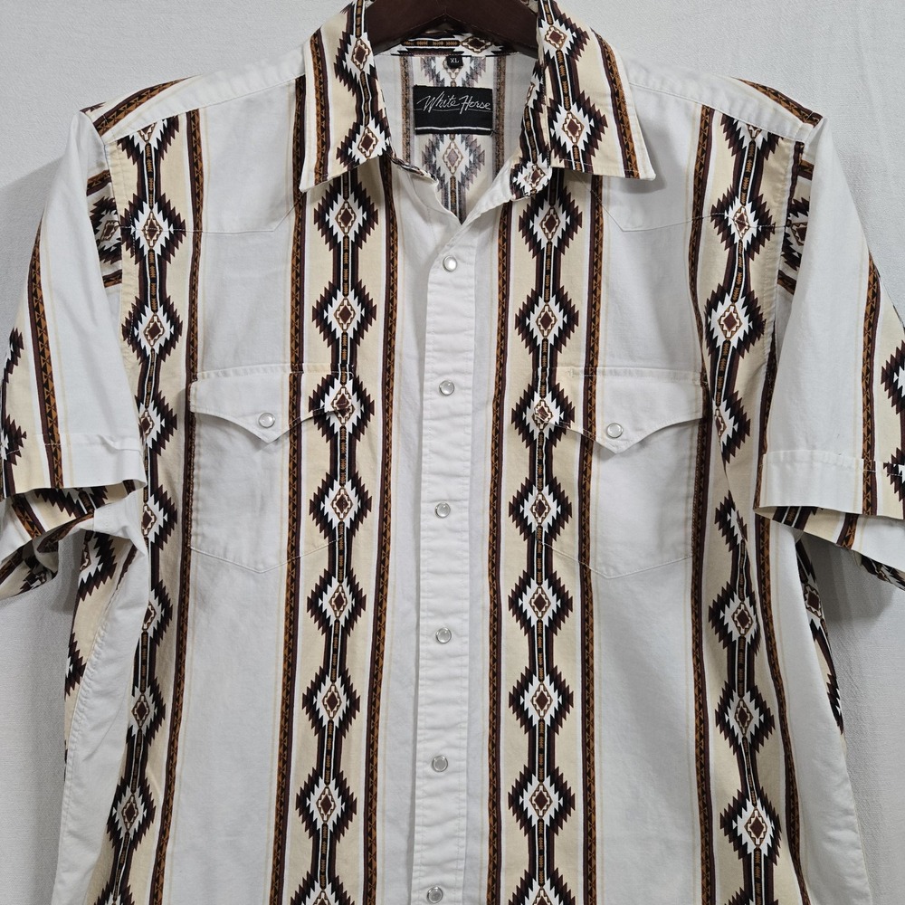 Vintage White Horse Mens XL Shirt Pearl Snap Aztec Navajo‎ Southwestern Cowboy
